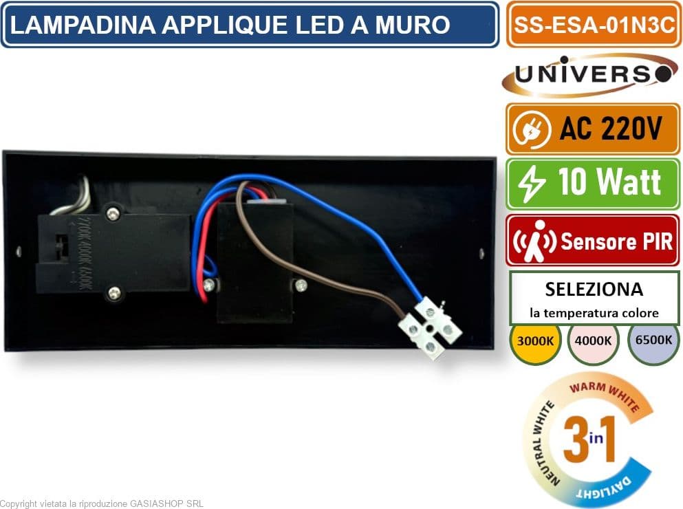 APPLIQUE LAMPADA LED DA MURO NERA 10W SMD SENSORE PIR DI MOVIMENTO CCT 3IN1 CAMBIA COLORE DA ESTERNO IP54 - 3