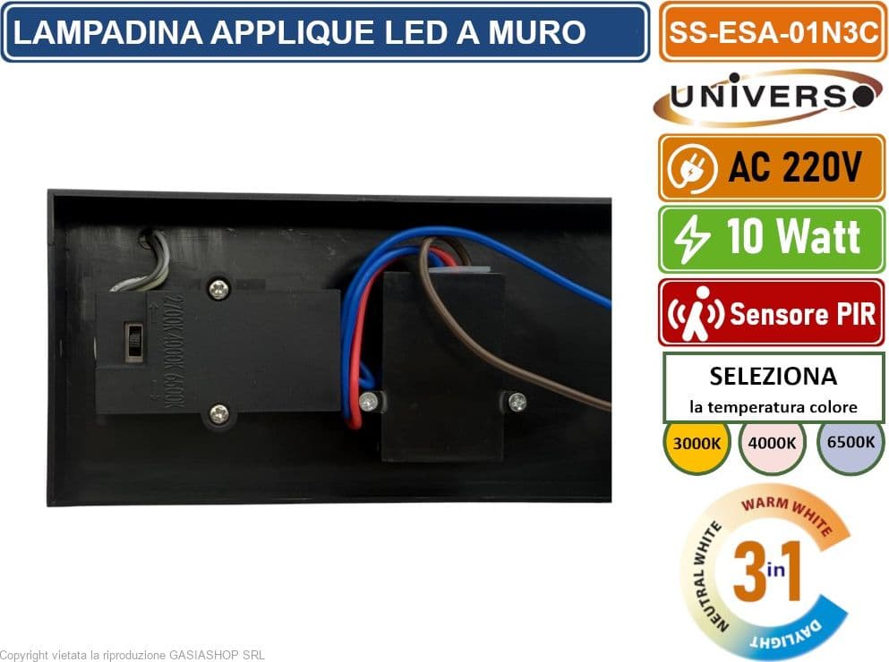 APPLIQUE LAMPADA LED DA MURO NERA 10W SMD SENSORE PIR DI MOVIMENTO CCT 3IN1 CAMBIA COLORE DA ESTERNO IP54 - 4