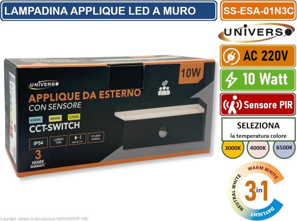APPLIQUE LAMPADA LED DA MURO NERA 10W SMD SENSORE PIR DI MOVIMENTO CCT 3IN1 CAMBIA COLORE DA ESTERNO IP54 - 5