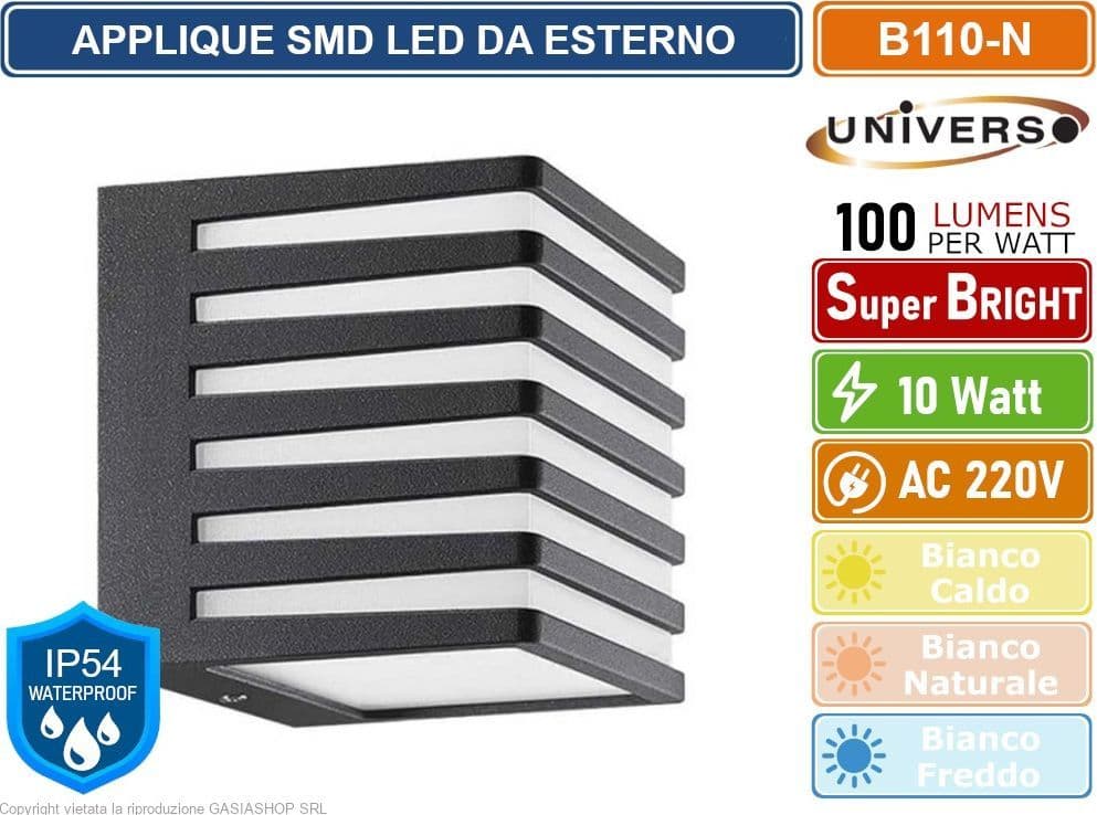 UNIVERSO LAMPADA APPLIQUE SMD LED DA MURO WALL LIGHT 10W QUADRATA IP54 COLORE NERO - 2