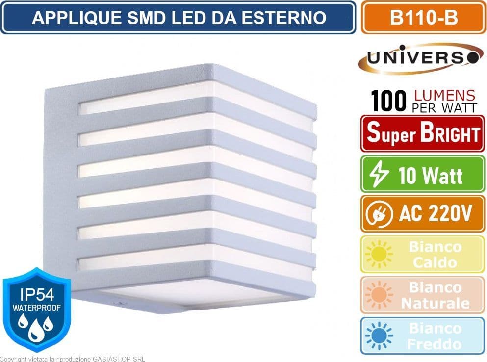 UNIVERSO LAMPADA APPLIQUE SMD LED DA MURO WALL LIGHT 10W QUADRATA IP54 COLORE BIANCO - 2