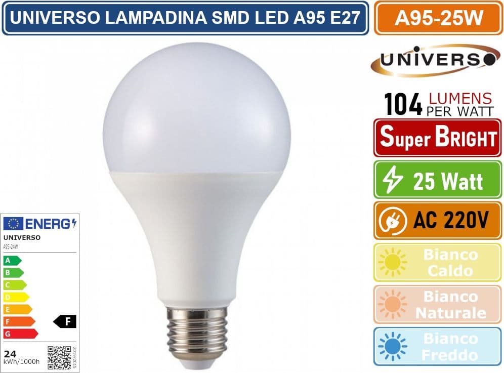UNIVERSO A95-25W LAMPADINA LED SMD E27 25W BULB A95 GOCCIA 2600 LUMEN - 3000K 4000K 6500K