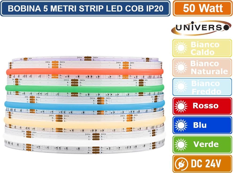 UNIVERSO BOBINA DA 5 METRI STRISCIA LED COB FLESSIBILE 50W MONOCOLORE DC 24V 3000K - 4000K - 6500K - BLU - ROSSO - VERDE - 2