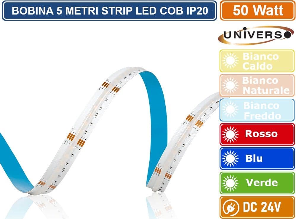 UNIVERSO BOBINA DA 5 METRI STRISCIA LED COB FLESSIBILE 50W MONOCOLORE DC 24V 3000K - 4000K - 6500K - BLU - ROSSO - VERDE - 3