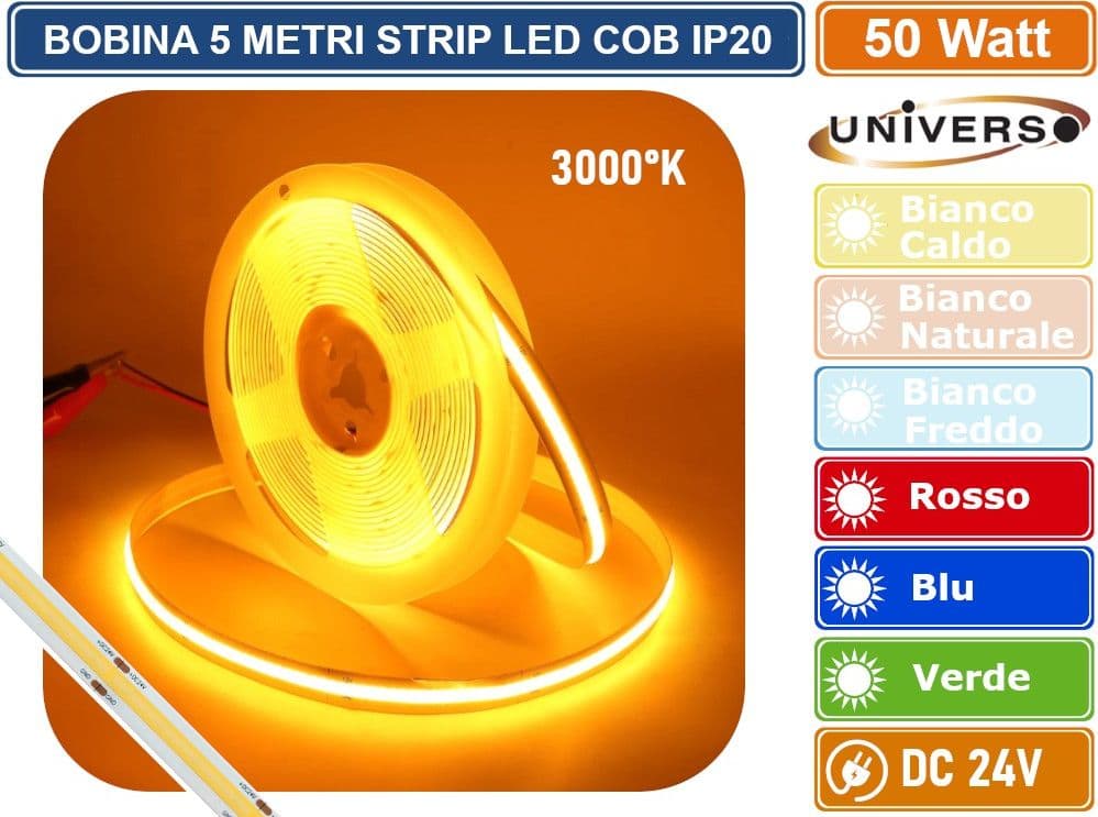 UNIVERSO BOBINA DA 5 METRI STRISCIA LED COB FLESSIBILE 50W MONOCOLORE DC 24V 3000K - 4000K - 6500K - BLU - ROSSO - VERDE - 4