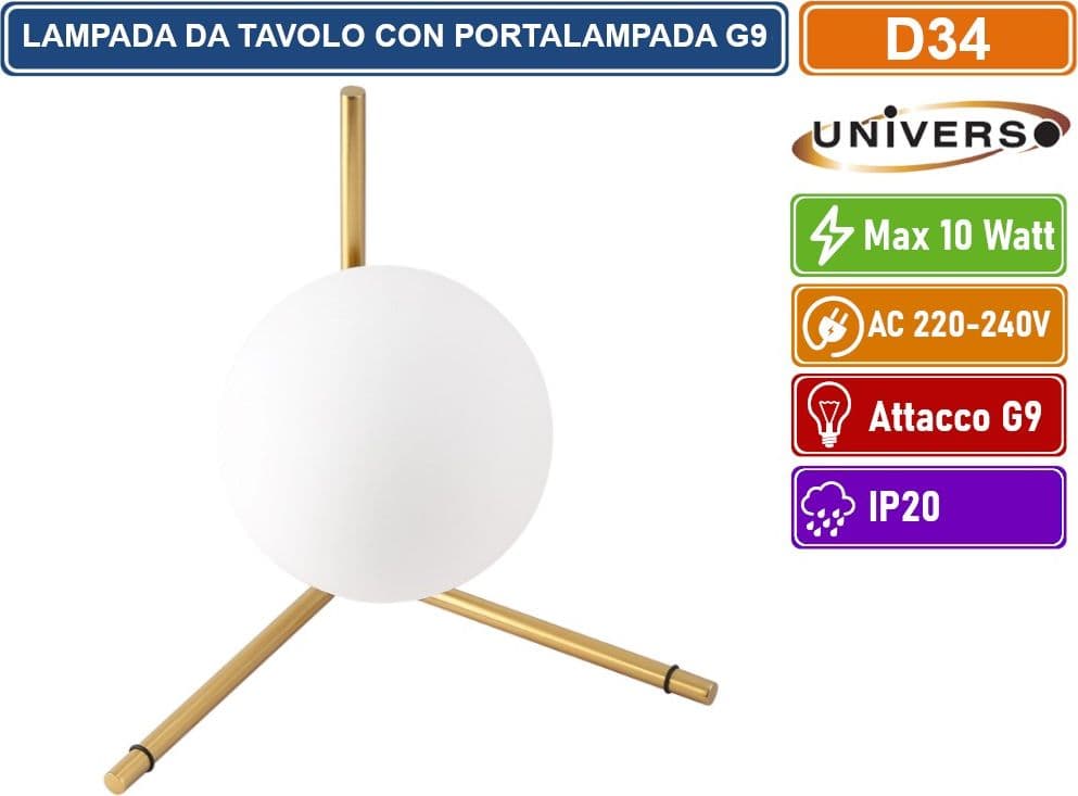 UNIVERSO LAMPADA DA TAVOLO BRONZO IN METALLO CON PARALUME A SFERA IN VETRO ATTACCO G9 MAX 10W - 2