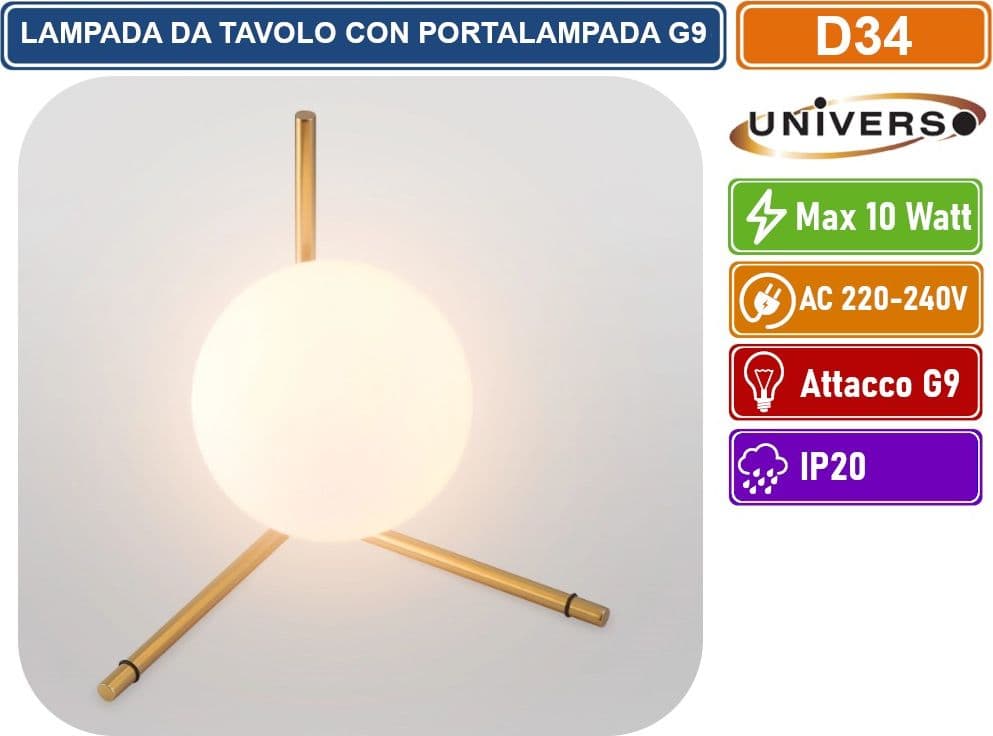 UNIVERSO LAMPADA DA TAVOLO BRONZO IN METALLO CON PARALUME A SFERA IN VETRO ATTACCO G9 MAX 10W - 5