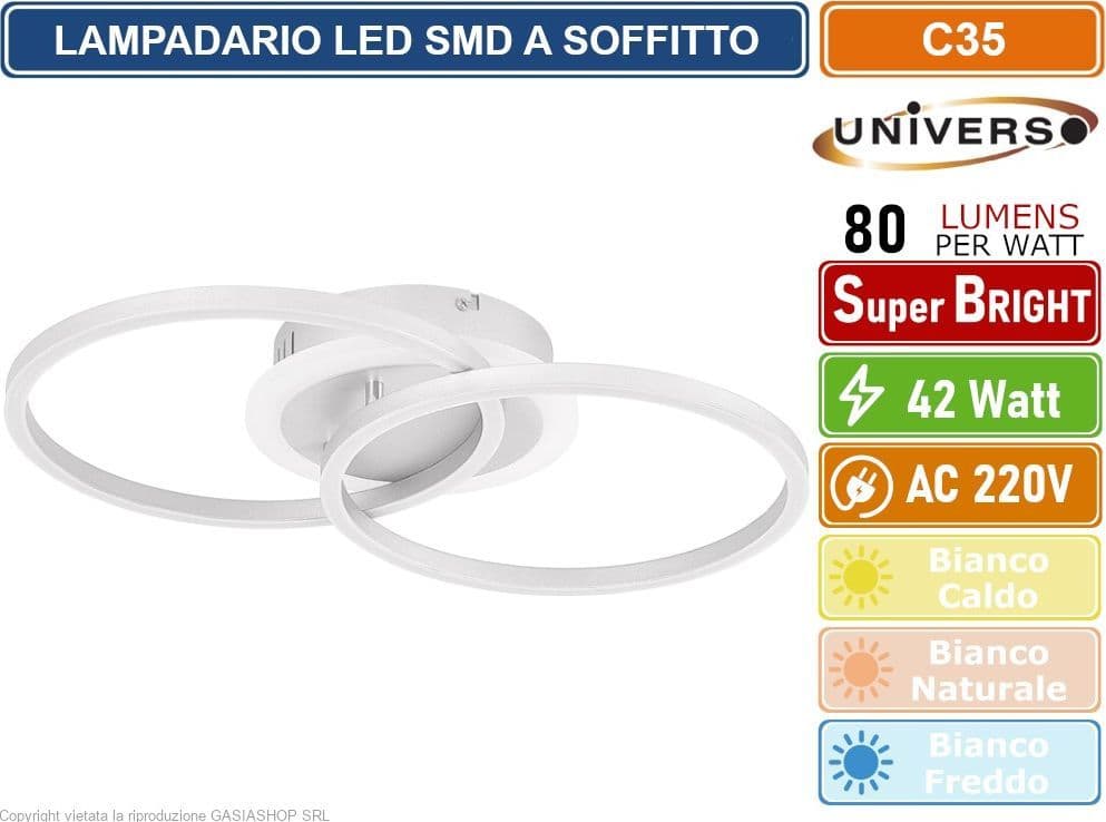 UNIVERSO C35 PLAFONIERA LAMPADARIO LED SMD A SOFFITTO DESIGN AD ANELLI 42W COLORE BIANCO 3000K - 4000K - 6500K - 3