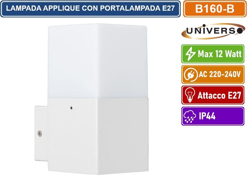 UNIVERSO B160 PORTALAMPADA APPLIQUE DA GIARDINO WALL LIGHT DA MURO QUADRATO PER LAMPADINE E27 COLORE BIANCO - NERO - 2