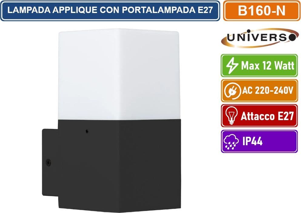 UNIVERSO B160 PORTALAMPADA APPLIQUE DA GIARDINO WALL LIGHT DA MURO QUADRATO PER LAMPADINE E27 COLORE BIANCO - NERO - 3