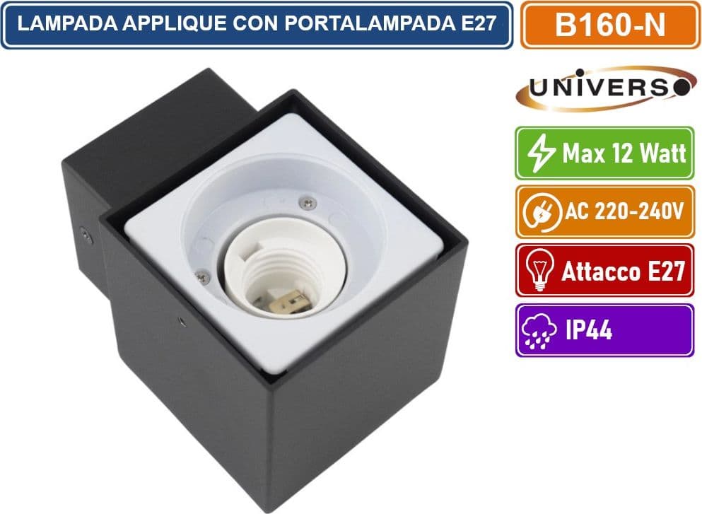 UNIVERSO B160 PORTALAMPADA APPLIQUE DA GIARDINO WALL LIGHT DA MURO QUADRATO PER LAMPADINE E27 COLORE BIANCO - NERO - 4