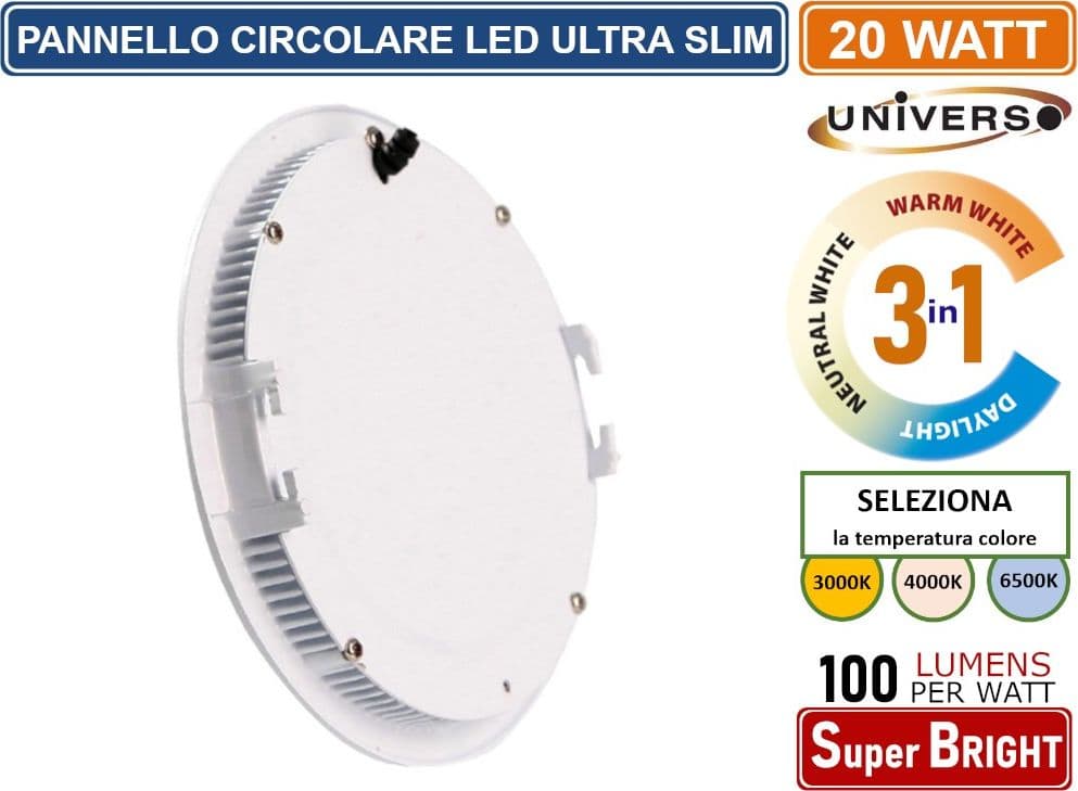 PANNELLO SMD LED ROTONDO DA INCASSO 20W CON DRIVER 2000 LUMEN CCT 3000K - 4000K - 6500K SELEZIONABILE - 2