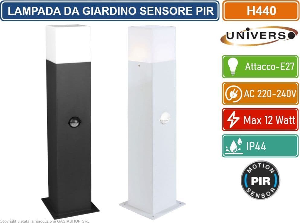 UNIVERSO H440 PORTALAMPADA PALO DA GIARDINO QUADRATO CON FISSAGGIO A TERRA PER LAMPADINE E27 CON SENSORE PIR DI MOVIMENTO PIR - 6