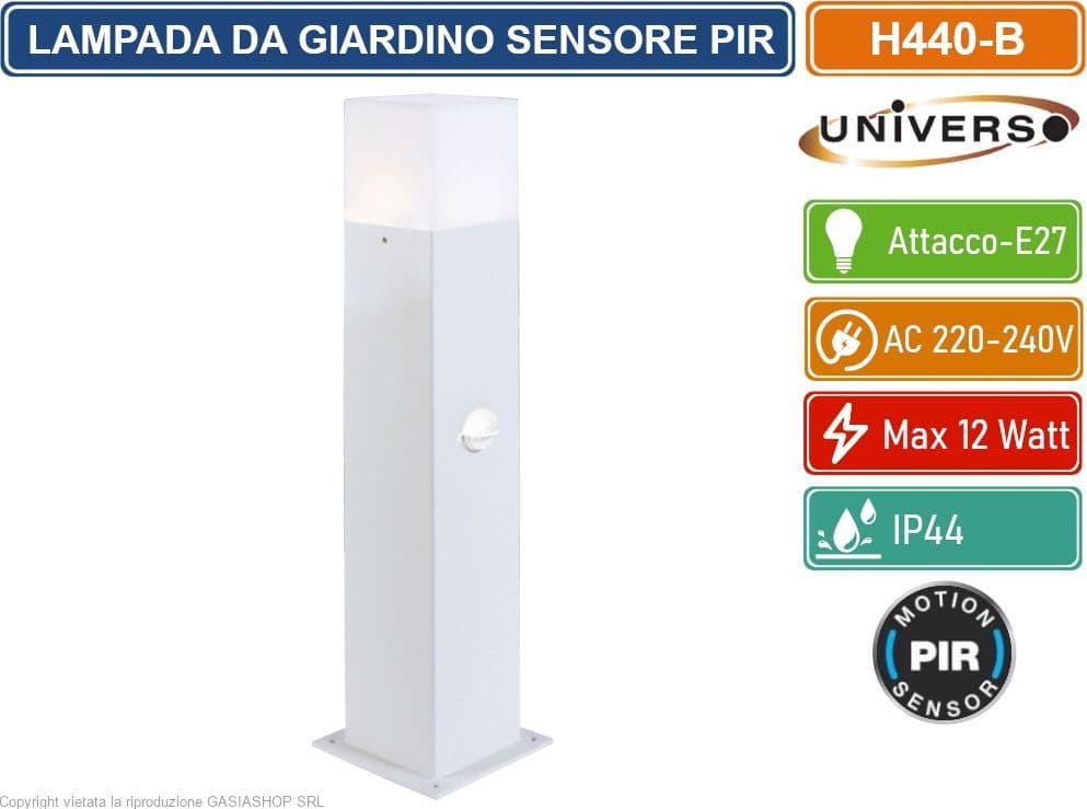 UNIVERSO H440 PORTALAMPADA PALO DA GIARDINO QUADRATO CON FISSAGGIO A TERRA PER LAMPADINE E27 CON SENSORE PIR DI MOVIMENTO PIR - 2