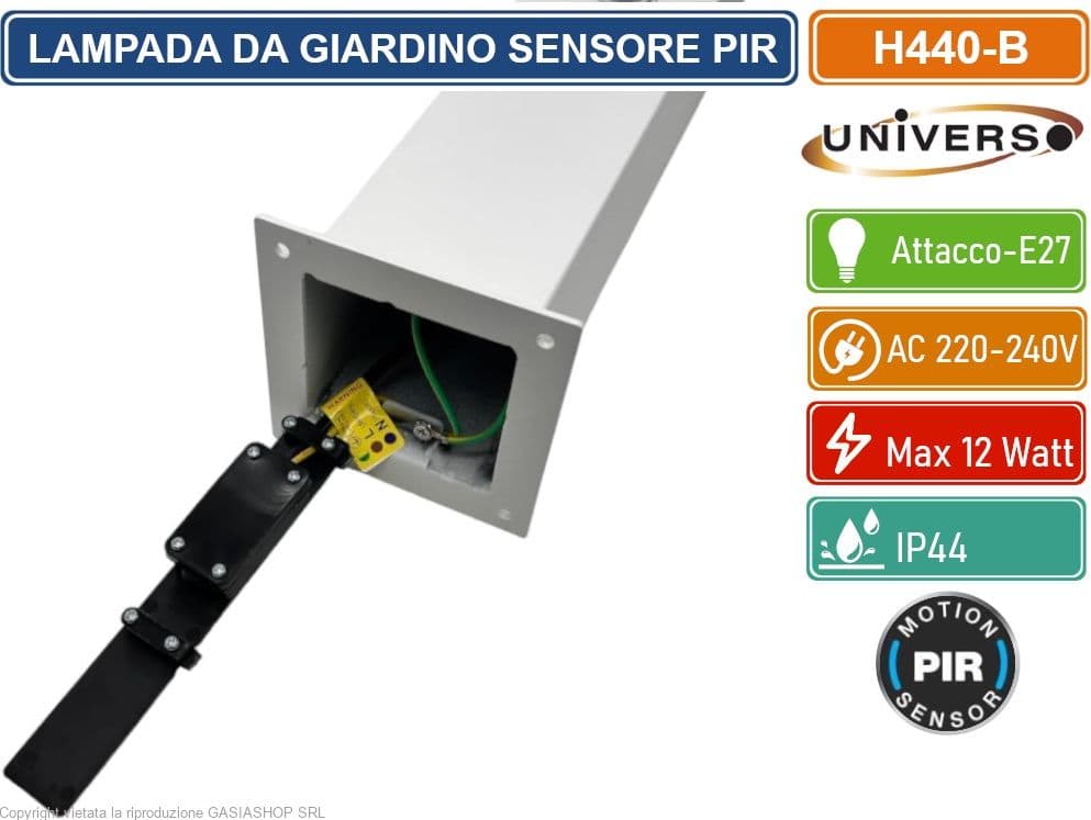 UNIVERSO H440 PORTALAMPADA PALO DA GIARDINO QUADRATO CON FISSAGGIO A TERRA PER LAMPADINE E27 CON SENSORE PIR DI MOVIMENTO PIR - 4
