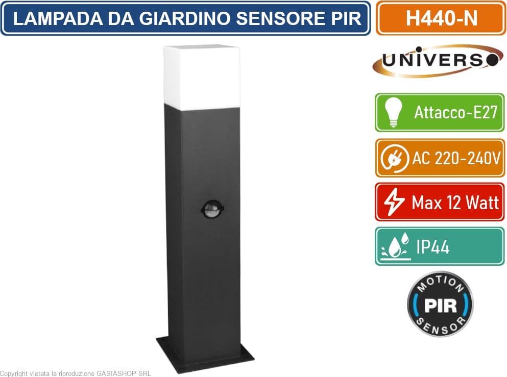 UNIVERSO H440 PORTALAMPADA PALO DA GIARDINO QUADRATO CON FISSAGGIO A TERRA PER LAMPADINE E27 CON SENSORE PIR DI MOVIMENTO PIR - 5