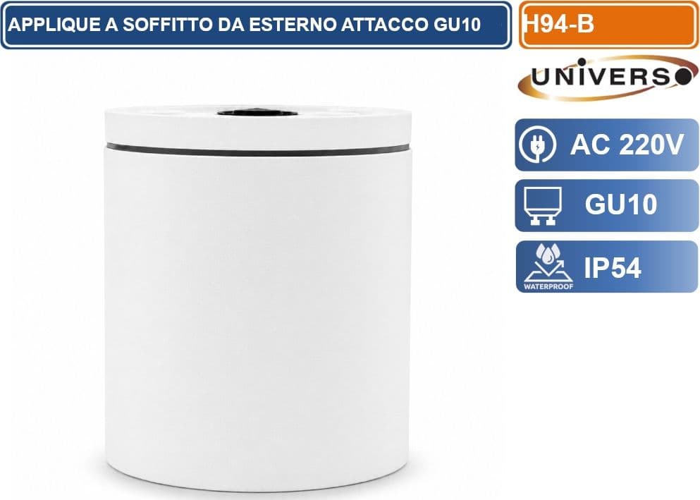UNIVERSO H94-B LAMPADA APPLIQUE SOFFITTO CILINDRICA DA ESTERNO IP54 CON PORTALAMPADA GU10 BIANCO OPACO - 2
