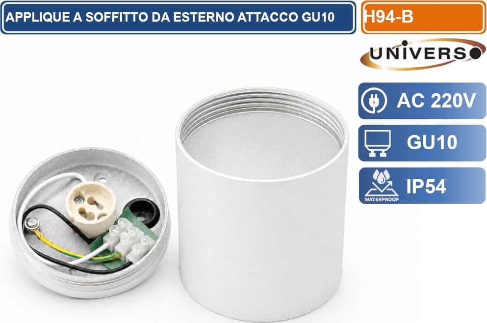 UNIVERSO H94-B LAMPADA APPLIQUE SOFFITTO CILINDRICA DA ESTERNO IP54 CON PORTALAMPADA GU10 BIANCO OPACO - 3