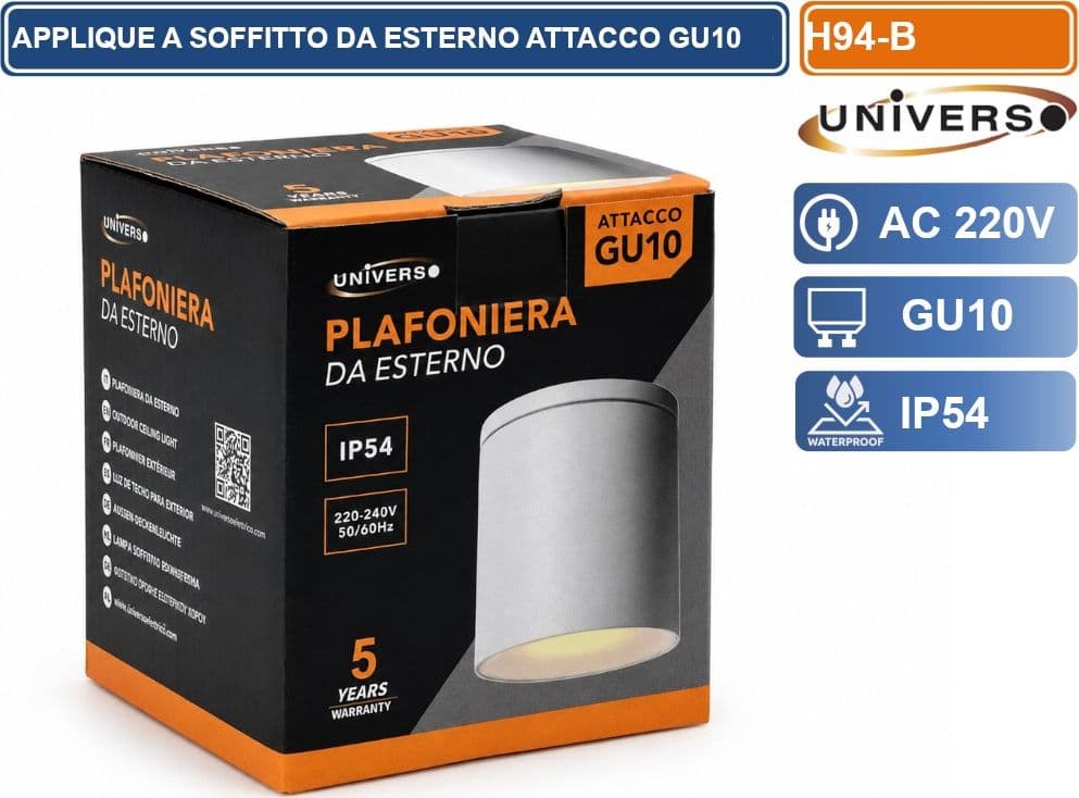 UNIVERSO H94-B LAMPADA APPLIQUE SOFFITTO CILINDRICA DA ESTERNO IP54 CON PORTALAMPADA GU10 BIANCO OPACO - 4