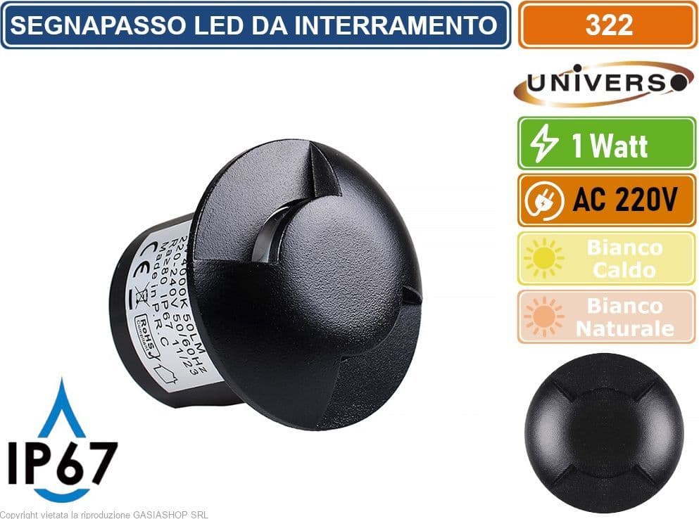 UNIVERSO PUNTO LUCE LED SMD 1W SEGNAPASSO DA INTERRAMENTO IP67 DOPPIA FINESTRA COLORE NERO - 3000K 4000K – Bianco Caldo