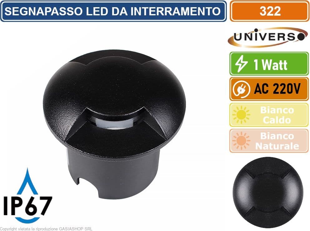 UNIVERSO PUNTO LUCE LED SMD 1W SEGNAPASSO DA INTERRAMENTO IP67 DOPPIA FINESTRA COLORE NERO - 3000K 4000K - 2