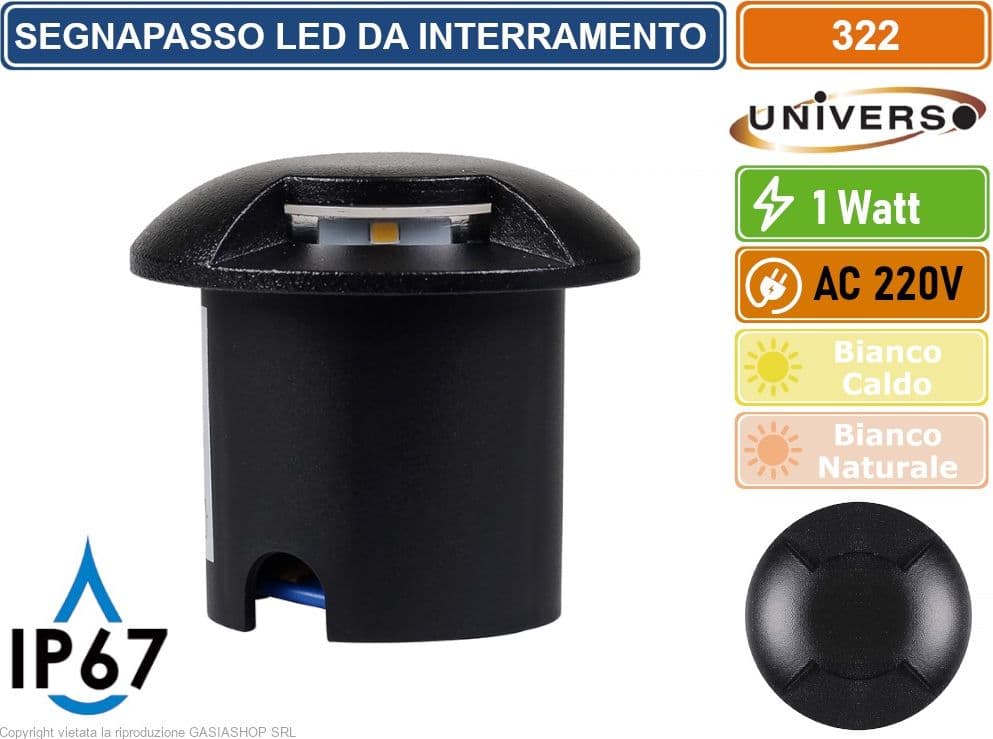 UNIVERSO PUNTO LUCE LED SMD 1W SEGNAPASSO DA INTERRAMENTO IP67 DOPPIA FINESTRA COLORE NERO - 3000K 4000K - 3