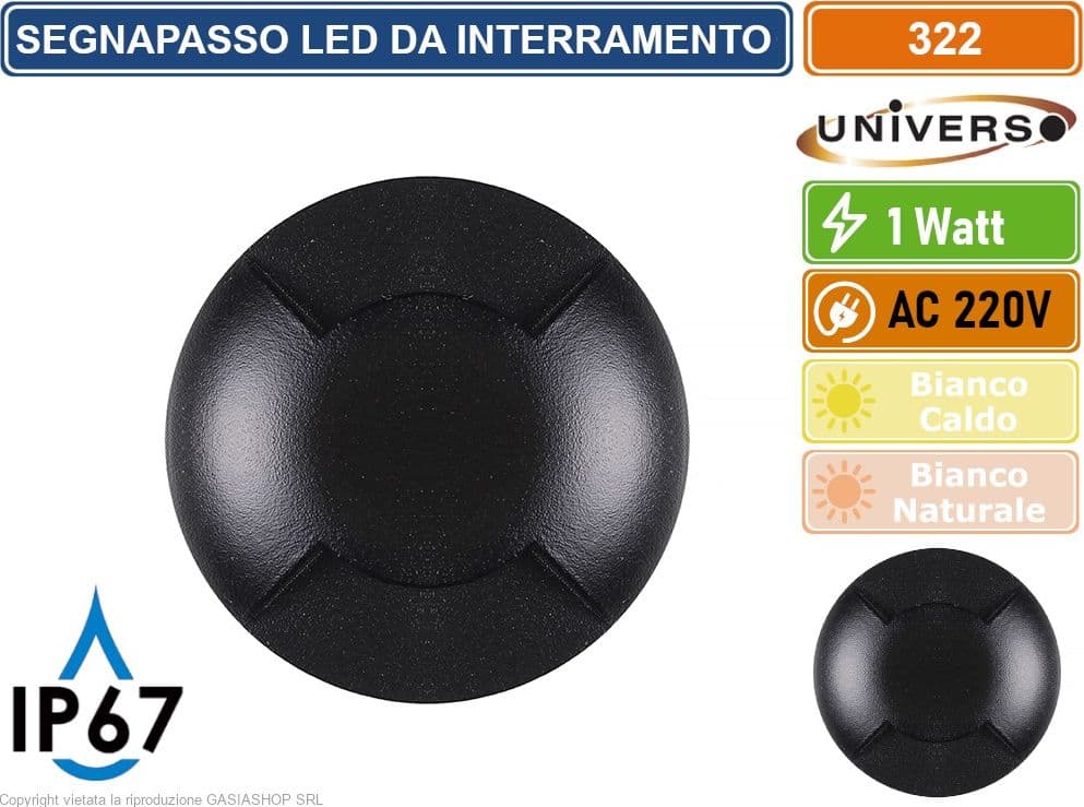 UNIVERSO PUNTO LUCE LED SMD 1W SEGNAPASSO DA INTERRAMENTO IP67 DOPPIA FINESTRA COLORE NERO - 3000K 4000K - 4