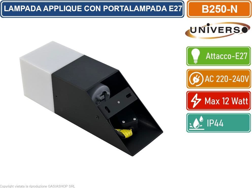 UNIVERSO B250 PORTALAMPADA APPLIQUE DA GIARDINO WALL LIGHT DA MURO QUADRATO PER LAMPADINE E27 COLORE BIANCO - NERO - 5