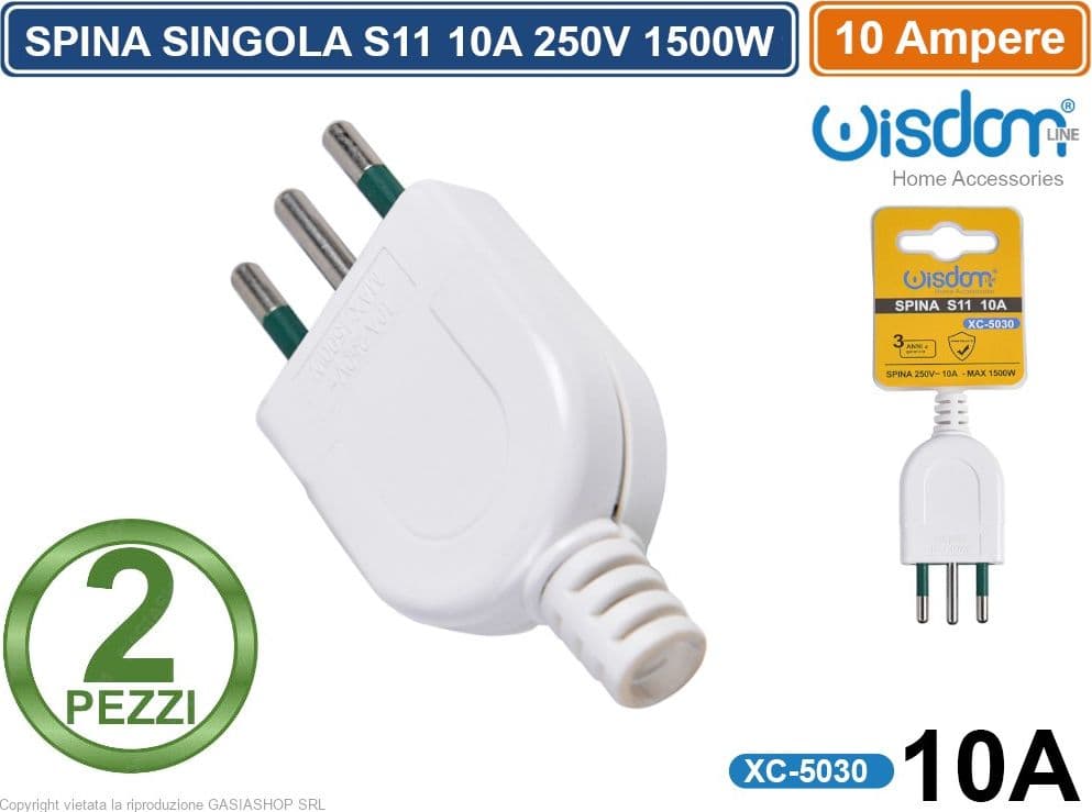 2 PEZZI SPINA SINGOLA S11 2P+T 250V 10A POTENZA MASSIMA 1500 WATT CON USCITA CAVO DRITTA COLORE BIANCO