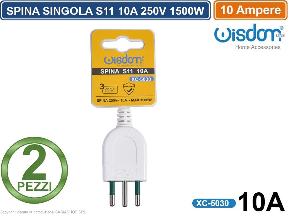 2 PEZZI SPINA SINGOLA S11 2P+T 250V 10A POTENZA MASSIMA 1500 WATT CON USCITA CAVO DRITTA COLORE BIANCO - 2