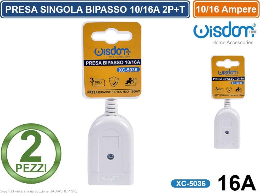 2 PEZZI ADATTATORE PRESA SINGOLA 10/16A 2P+T 250V CON USCITA CAVO DRITTA COLORE BIANCO 1500 WATT - 2