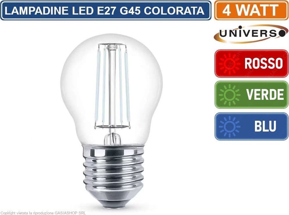 UNIVERSO LAMPADINA LED E27 COLORATA 4W MINIGLOBO G45 A FILAMENTO 440 LUMEN - ROSSA VERDE BLU - 4