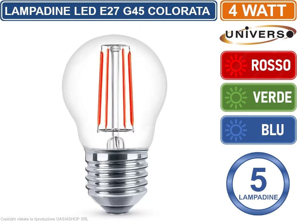 CONFEZIONE 5 PEZZI UNIVERSO LAMPADINA LED E27 COLORATA 4W MINIGLOBO G45 A FILAMENTO 440 LUMEN - ROSSA VERDE BLU - 2