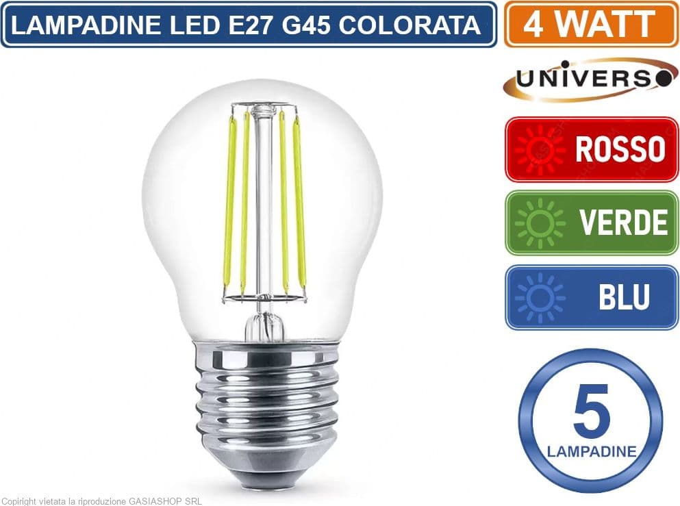 CONFEZIONE 5 PEZZI UNIVERSO LAMPADINA LED E27 COLORATA 4W MINIGLOBO G45 A FILAMENTO 440 LUMEN - ROSSA VERDE BLU - 3