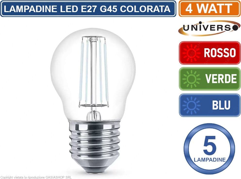 CONFEZIONE 5 PEZZI UNIVERSO LAMPADINA LED E27 COLORATA 4W MINIGLOBO G45 A FILAMENTO 440 LUMEN - ROSSA VERDE BLU - 4
