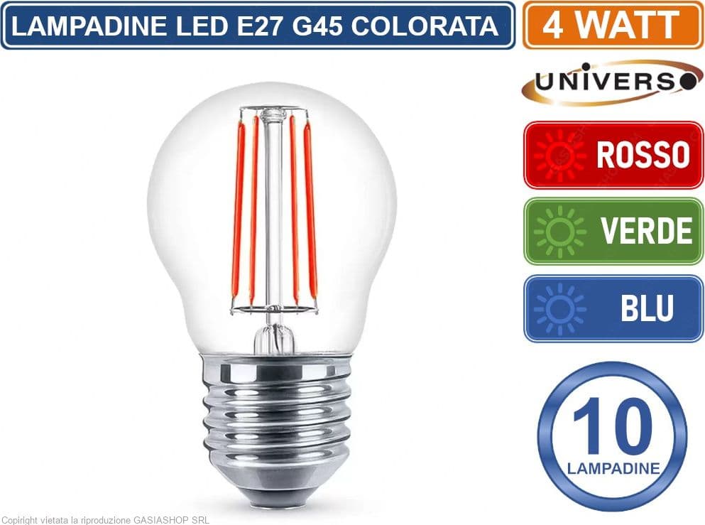 CONFEZIONE 10 PEZZI UNIVERSO LAMPADINA LED E27 COLORATA 4W MINIGLOBO G45 A FILAMENTO 440 LUMEN - ROSSA VERDE BLU - 2