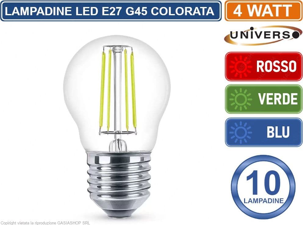 CONFEZIONE 10 PEZZI UNIVERSO LAMPADINA LED E27 COLORATA 4W MINIGLOBO G45 A FILAMENTO 440 LUMEN - ROSSA VERDE BLU - 3