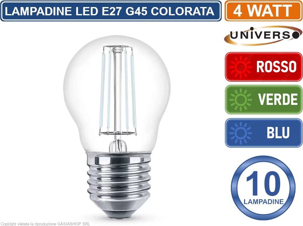 CONFEZIONE 10 PEZZI UNIVERSO LAMPADINA LED E27 COLORATA 4W MINIGLOBO G45 A FILAMENTO 440 LUMEN - ROSSA VERDE BLU - 4
