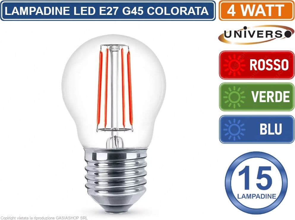 CONFEZIONE 15 PEZZI UNIVERSO LAMPADINA LED E27 COLORATA 4W MINIGLOBO G45 A FILAMENTO 440 LUMEN - ROSSA VERDE BLU - 2