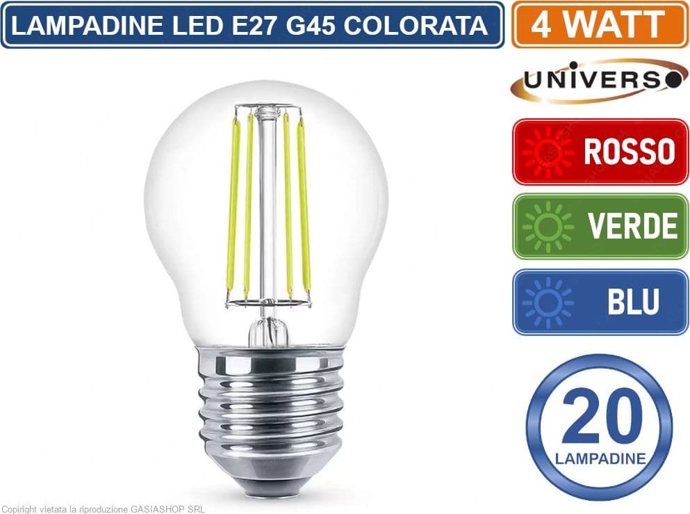 CONFEZIONE 20 PEZZI UNIVERSO LAMPADINA LED E27 COLORATA 4W MINIGLOBO G45 A FILAMENTO 440 LUMEN - ROSSA VERDE BLU - 3
