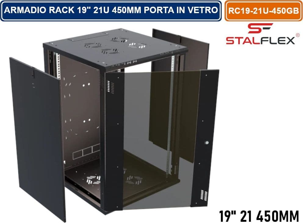 ARMADIO RACK 19" 21U 450MM QUADRO A PARETE NERO RAL9005 CON SPORTELLO IN VETRO REVERSIBILE - 2