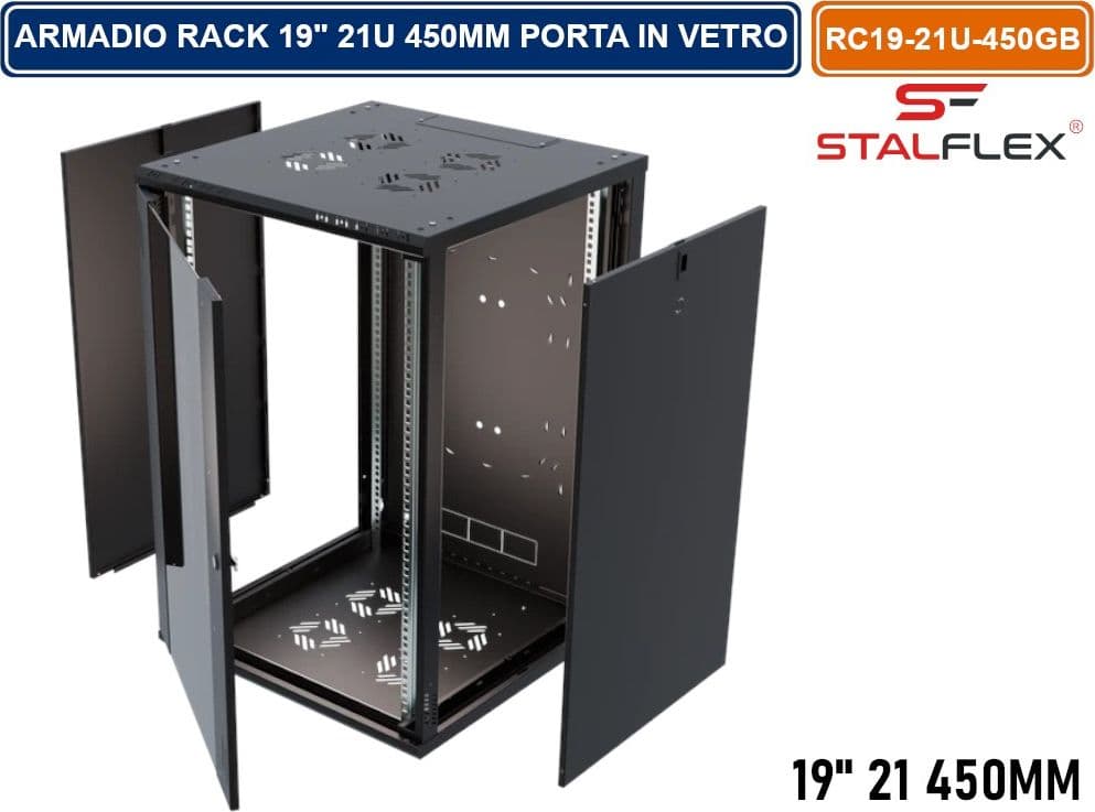 ARMADIO RACK 19" 21U 450MM QUADRO A PARETE NERO RAL9005 CON SPORTELLO IN VETRO REVERSIBILE - 3