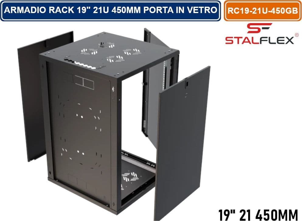 ARMADIO RACK 19" 21U 450MM QUADRO A PARETE NERO RAL9005 CON SPORTELLO IN VETRO REVERSIBILE - 4
