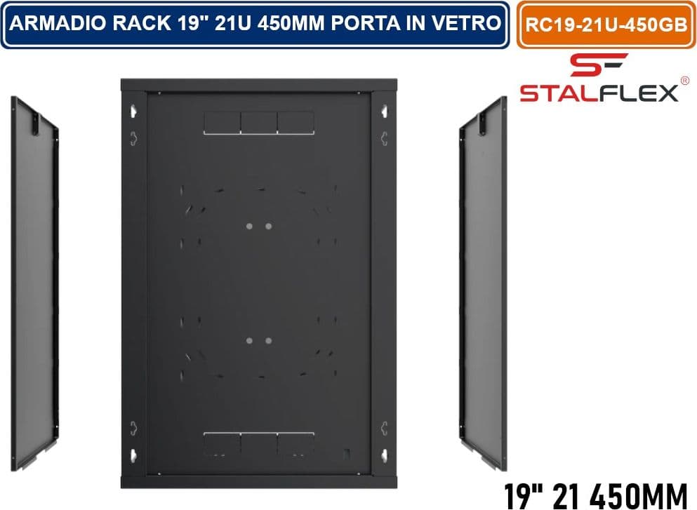 ARMADIO RACK 19" 21U 450MM QUADRO A PARETE NERO RAL9005 CON SPORTELLO IN VETRO REVERSIBILE - 5
