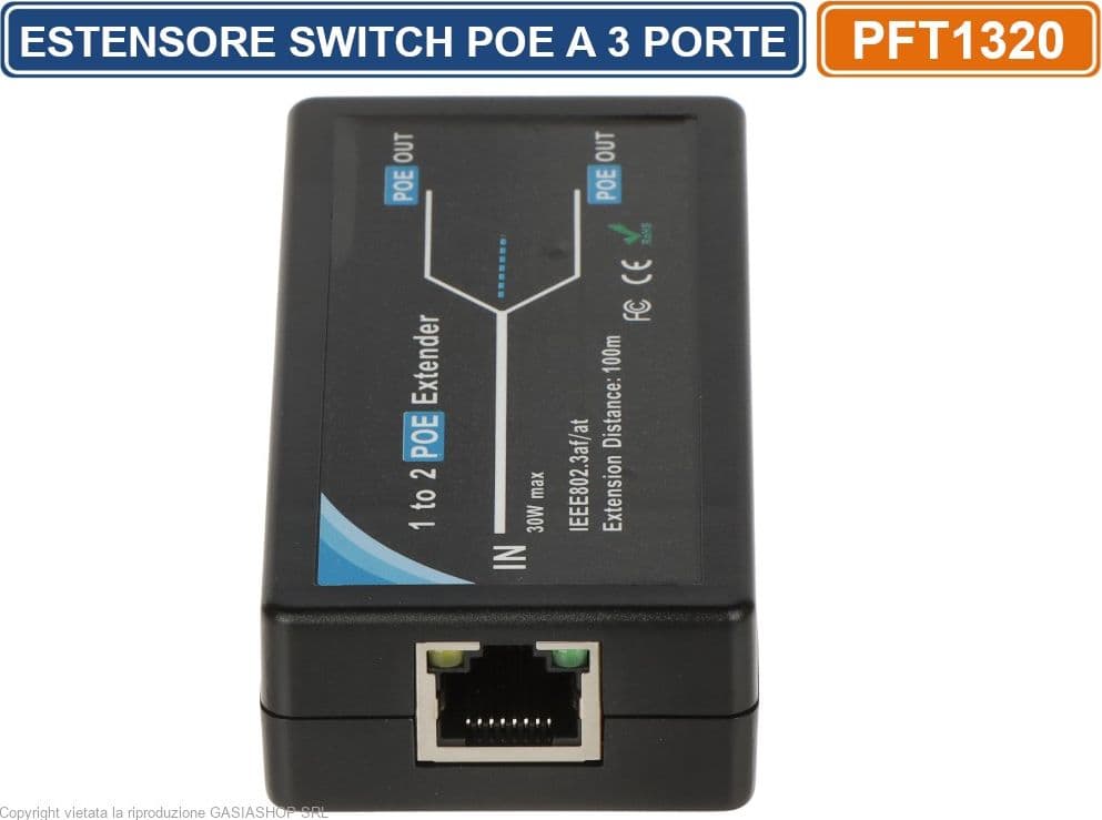 ESTENSORE SWITCH DI RETE POE 802.3af/at 3 PORTE 1 UNGRESSO 2 USCITE - 4