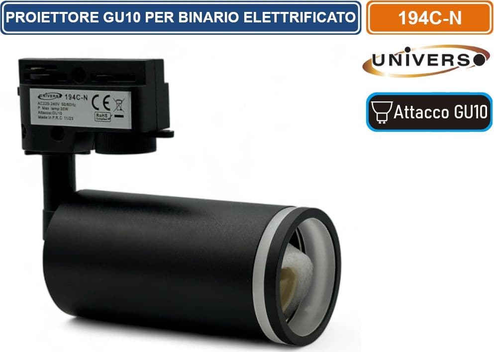 UNIVERSO 194C-N TRACK LIGHT DA BINARIO MONOFASE CON PORTALAMPADA PER LAMPADINE GU10 COLORE NERO - 2