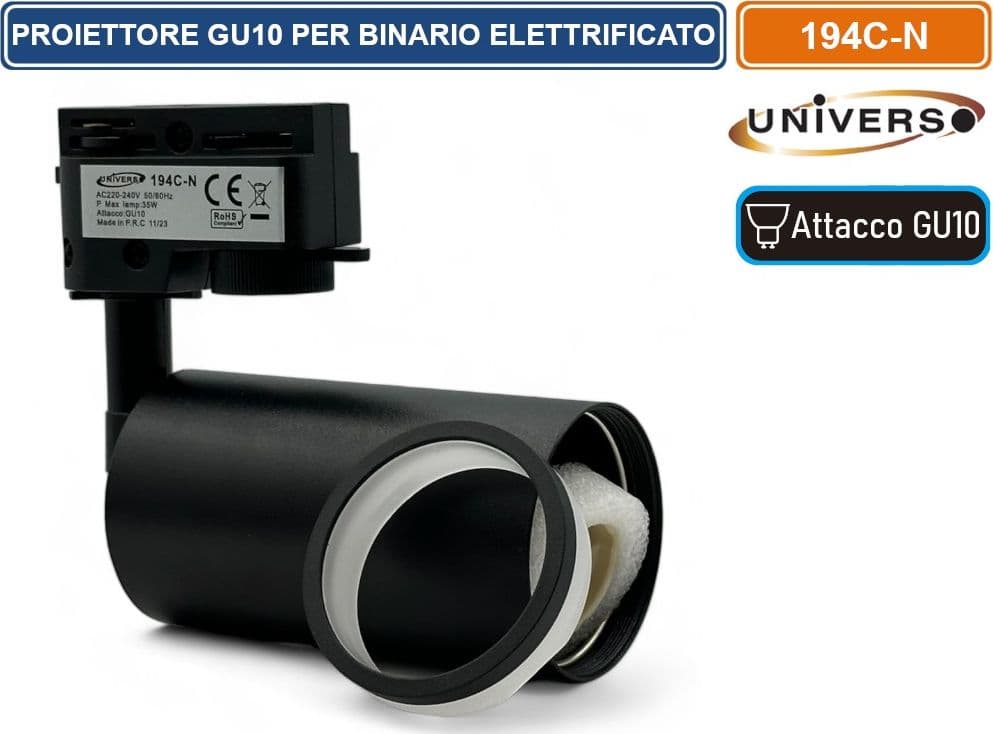 UNIVERSO 194C-N TRACK LIGHT DA BINARIO MONOFASE CON PORTALAMPADA PER LAMPADINE GU10 COLORE NERO - 3