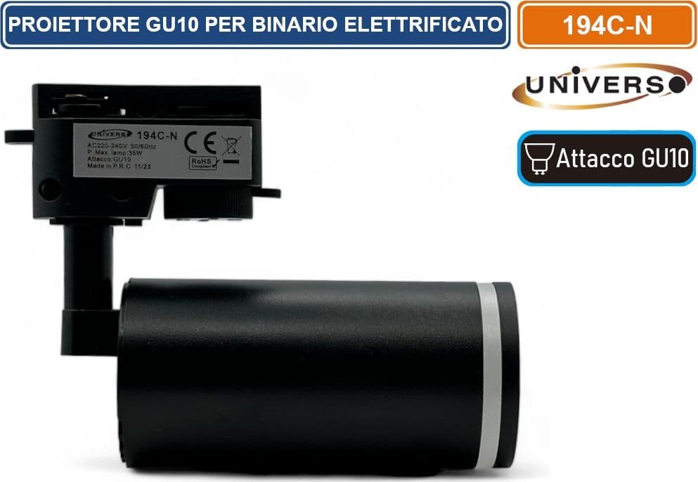 UNIVERSO 194C-N TRACK LIGHT DA BINARIO MONOFASE CON PORTALAMPADA PER LAMPADINE GU10 COLORE NERO - 4