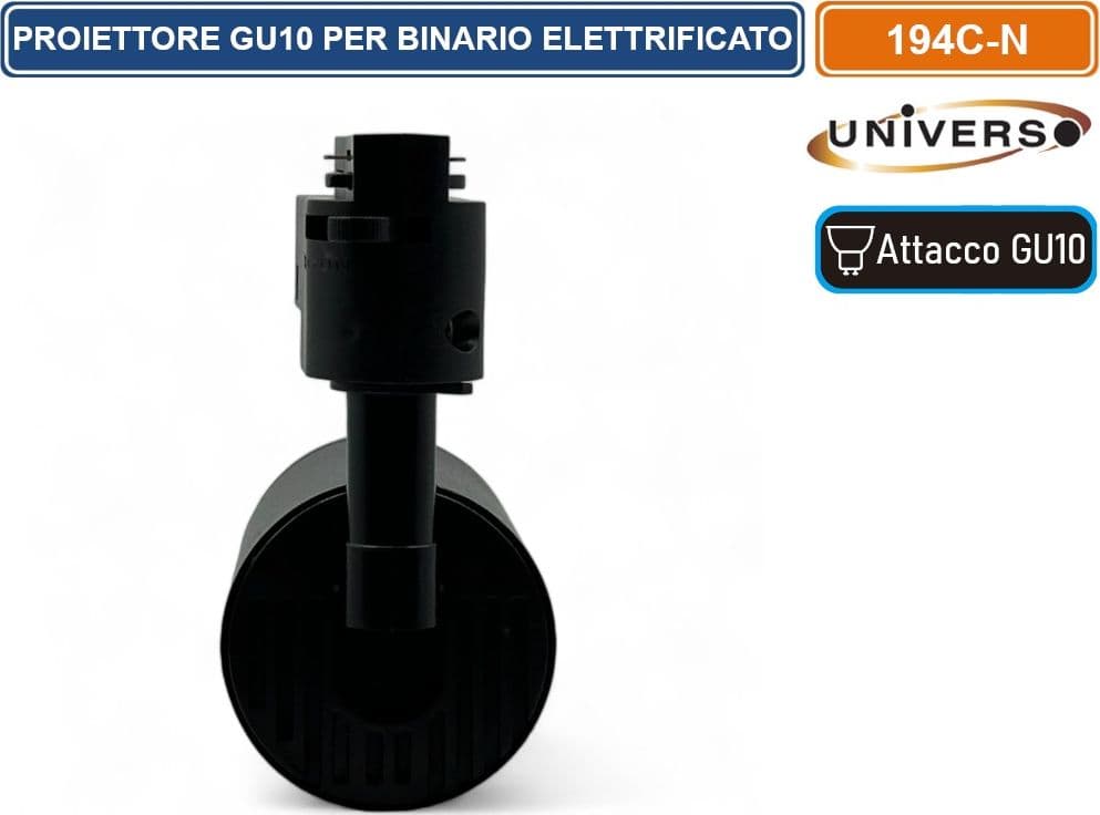 UNIVERSO 194C-N TRACK LIGHT DA BINARIO MONOFASE CON PORTALAMPADA PER LAMPADINE GU10 COLORE NERO - 5