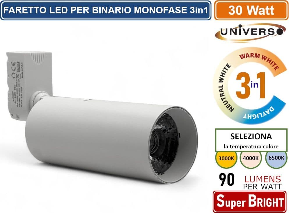 UNIVERSO SL-30W-B3C FARETTO LED DA BINARIO MONOFASE 30W TRACK LIGHT COB 2700 LUMEN CHANGING COLOR CCT 3IN1 - 2